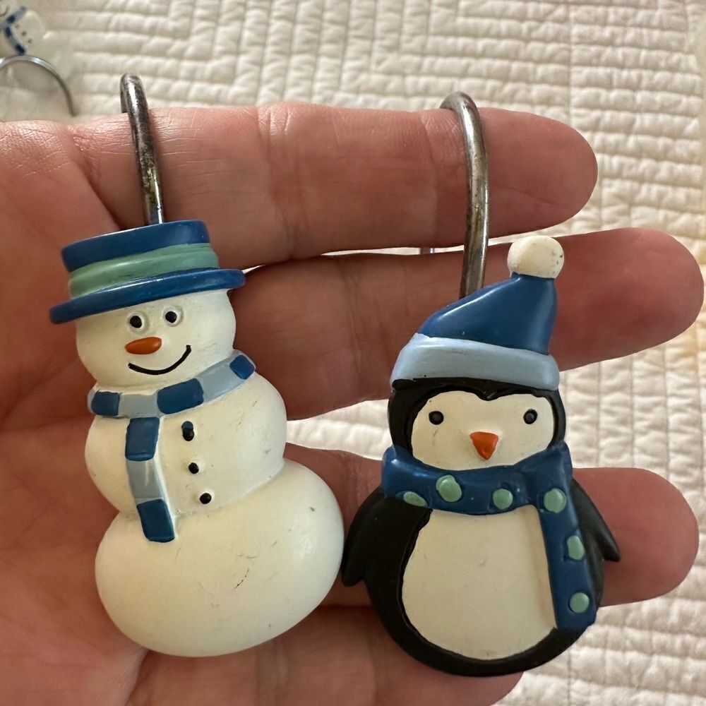 Holiday Shower Curtain Hooks Penguins Snowmen Set of 12